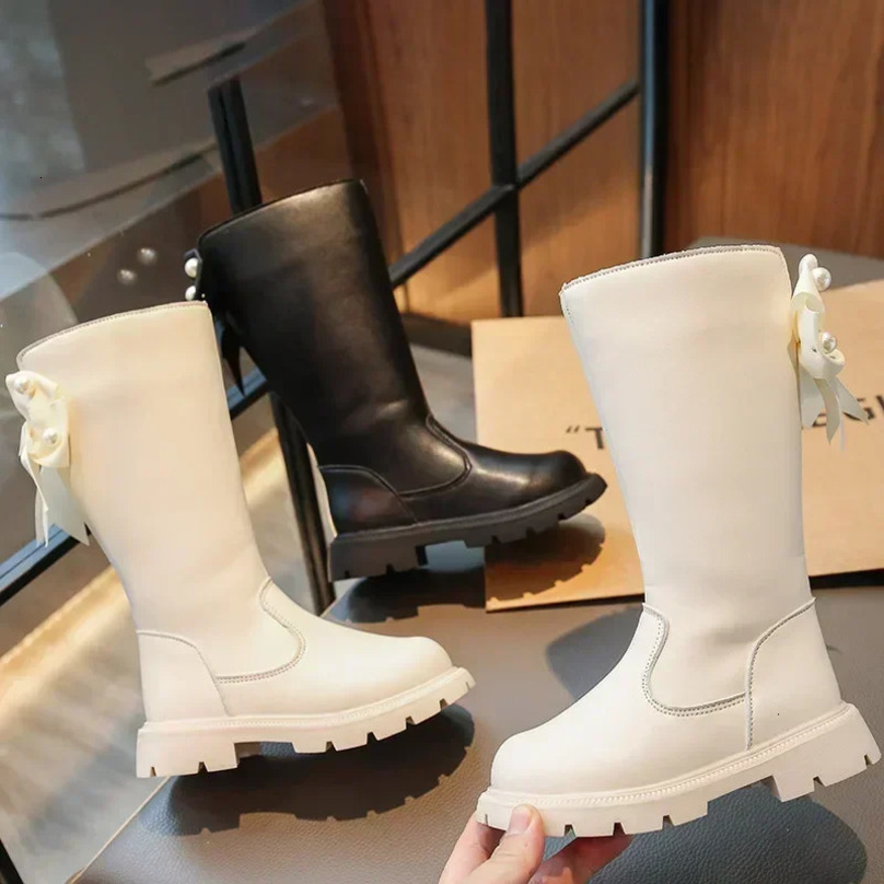 Knee length boots childrens shoes autumn and winter fashion top student shoes girls princess shoelaces bow childrens boots 241118