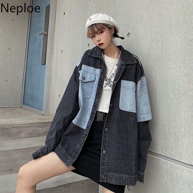 Neploe Jackets for Women Patchwork Cowboy Contrast Color Oversized Outwear Harajuku Streetwear Vintage Casual Coat Woman 94646 210422