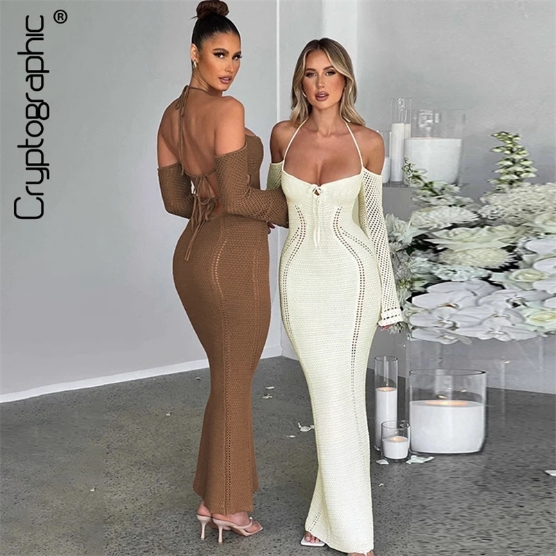 Cryptographic Off Shoulder Halter Knit Dress Outfits for Women Long Sleeve Elegant Sexy Backless Tie Front Maxi Dresses Vestido 240530
