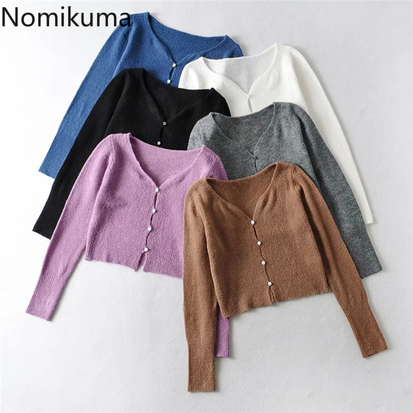 Nomikuma Elegant V-neck Slim Short Cardigan Crop Top Single Breasted Knitted Coat Spring New Solid Sweater Outwear 6G283 210427