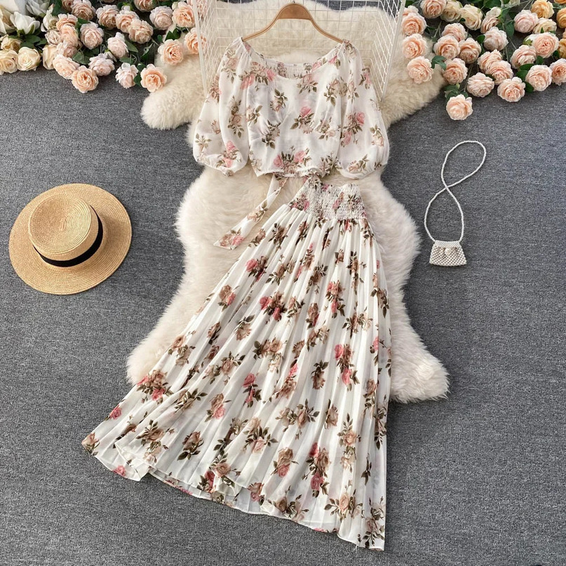 Boho Chiffon Floral Two Piece Set Women Puff Sleeve Short TopsHigh Waist Aline Pleated Long Skirt Vacation Beach 240704