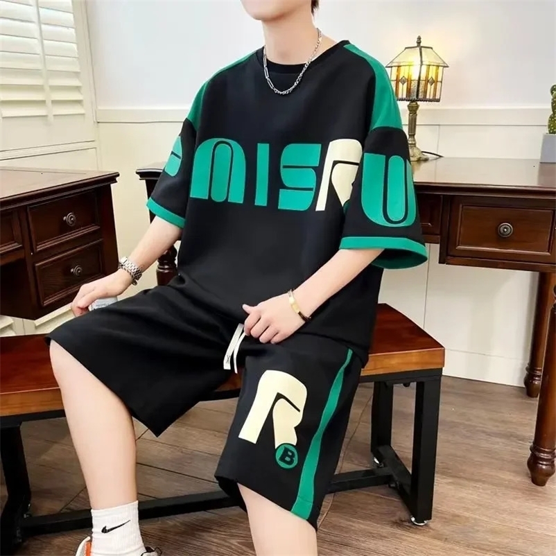 Summer Mens Sets Korean Fashion 2 Piece Set Tracksuit Men Trend Men Clothing Joggers Set Print T ShirtShorts Men Outfit Set 240429