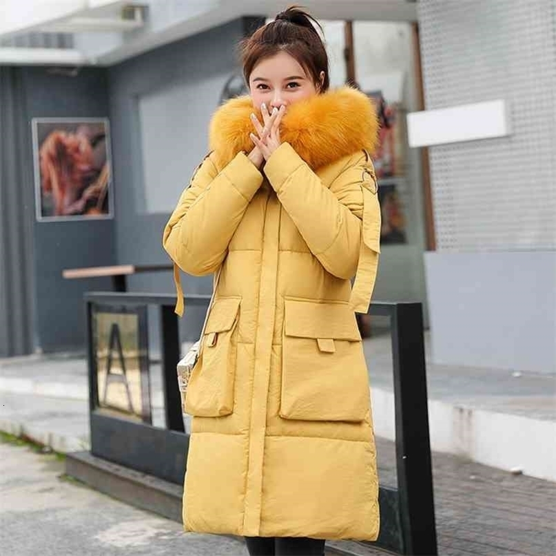 Women Winter Jacket Cotton Padded Warm Thicken Big Fur Collar Ladies Long Coats Parka Womens Jackets 210819