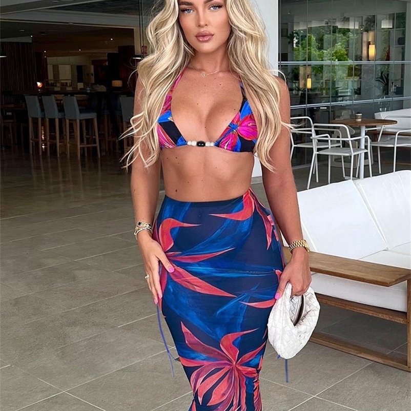 Two Piece Dress Summer Beach Dress Sets Floral Printed Three Piece Sets Sexy Bikini Sets and Slim Maxi Skirts Suits Women Club Partywear 230720