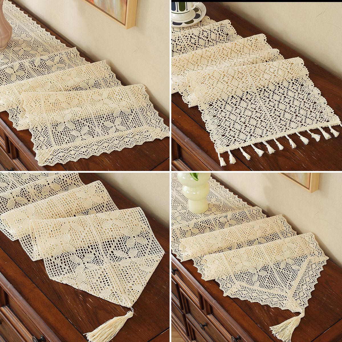 Table runner hollow lace cotton thread crochet tassel fabric coffee table F8SS01-image-1076804016