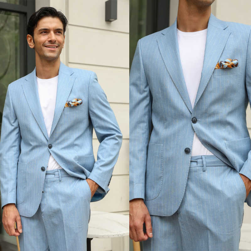 New Casual Men's Suit Jacket Summer Spring Blazer One Bottom Breathable Cotton Linen Coat 2 Pieces( Jacket+Pants )