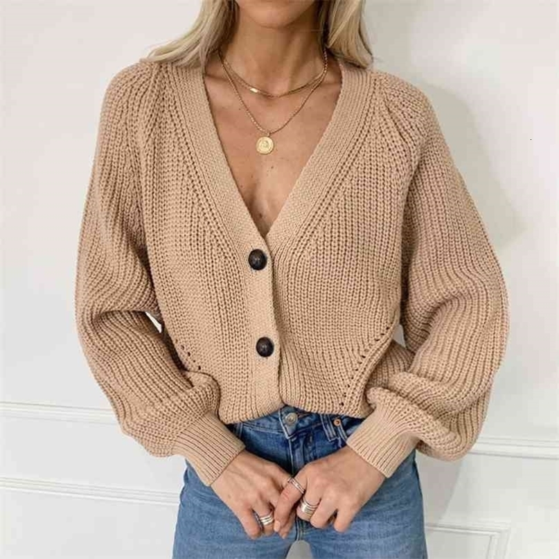 Zoki Women Knitted Cardigans Sweater Fashion Autumn Long Sleeve Loose Coat Casual Button Thick V Neck Solid Female Tops 210917