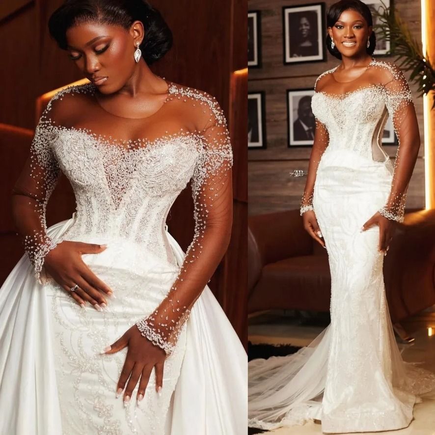 Arabic Mermaid Wedding Dresses Plus Size Ivory Beaded Full Sleeves Detachable Train Sequined Lace Vintage Bridal Gown 0922