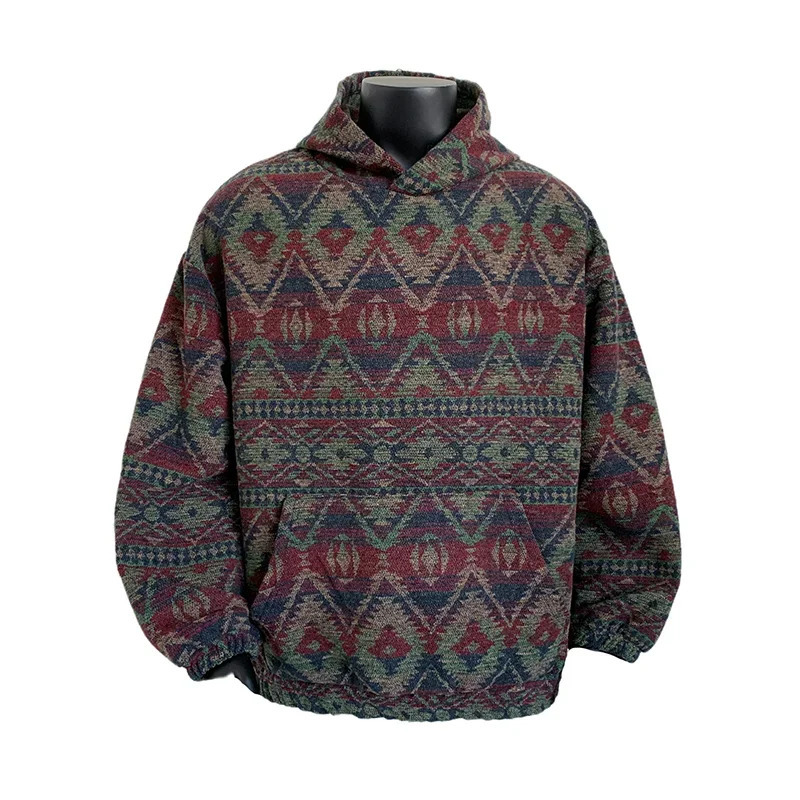 Vintage Jacquard Knit Hooded Sweater 2025 Mens Fall and Winter Loose Pullover Thickened Warm Hoodie 250731Y
