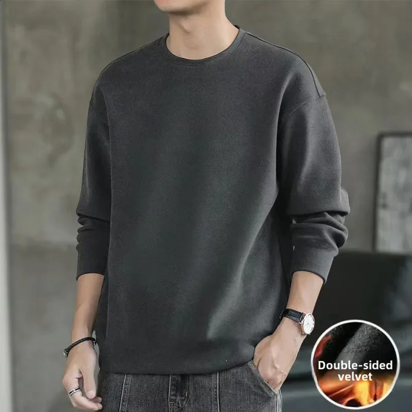 Mens doublesided wool long sleeved Tshirt for autumn and winter round neck loose fit warm bottom layer inside 240822