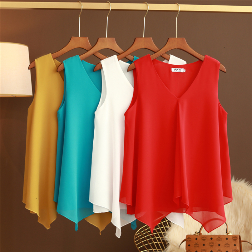 Womens Blouses Shirts Fashion Women Chiffon Ladies Tops Loose Sleeveless V Neck Shirt Blusas Femininas Plus Size M5XL Female Clothing XZ808 230404