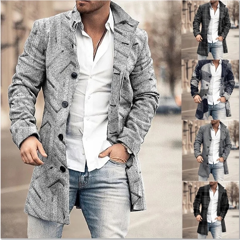 2023 Autumn Winter Woolen Printing Mens Coat Windbreaker Long Sleeve Single Breasted Button Fashion Casual Jacket 241227Z