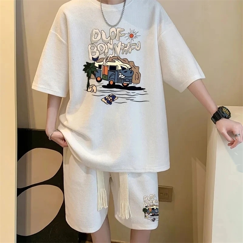 Korean Fashion Waffle Mens Set Summer Fashion Short Sleeve Top Shorts Set Sportswear Trendy Tracksuit 2-piece Set Print Outfits 240429