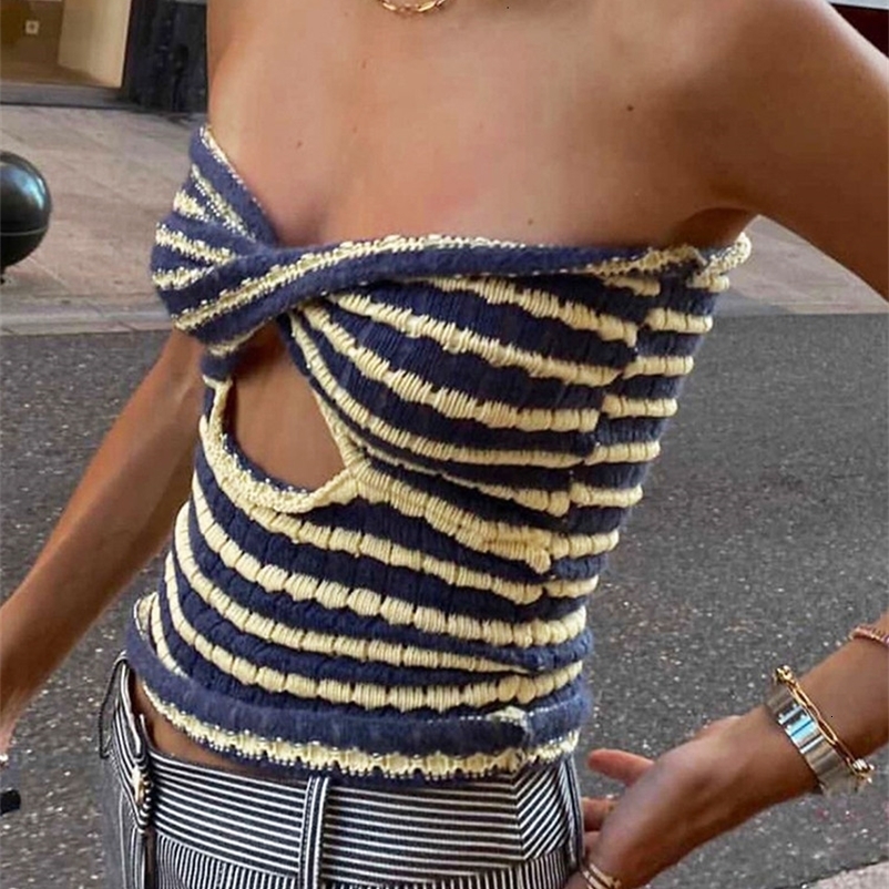 Women's Tanks Camis Forefair Strapless Knitted Crop Top Women Hollow Out Summer Autumn Sleeveless Backless Sexy Y2k Tank Tops Vintage Fashion 2