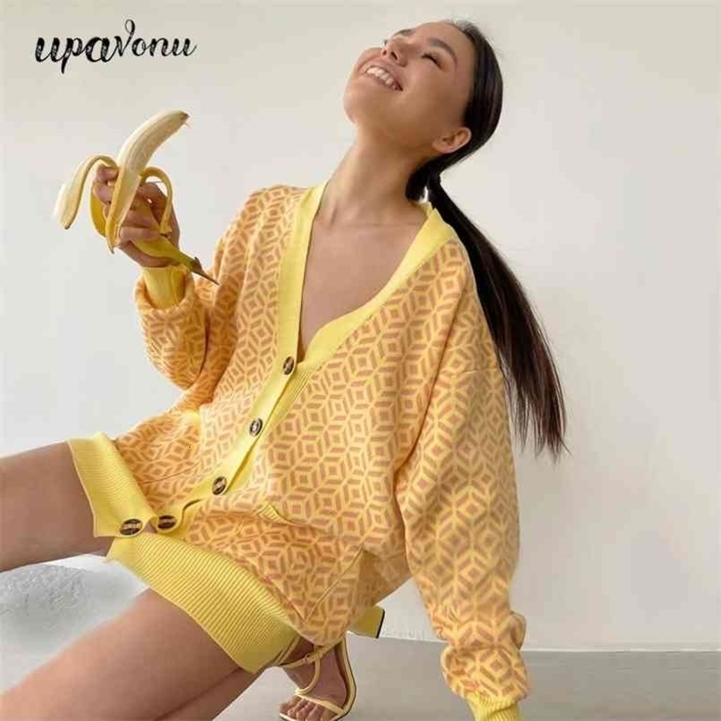 V-neck Lantern Long Sleeve Cardigan Women Knitted Printed Oversized Sweater Fall Single-breasted Cardigan 210917