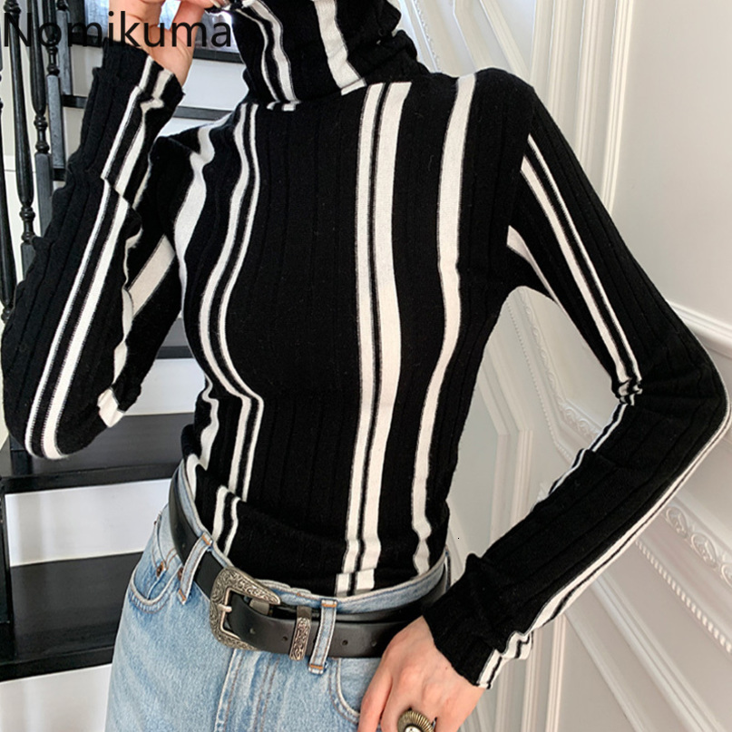 Nomikuma Korean Hit Color Striped Pullover Knitwear Autumn Winter Turtleneck Long Sleeve Knitted Tops Women Basic Sweater 6D638 210427