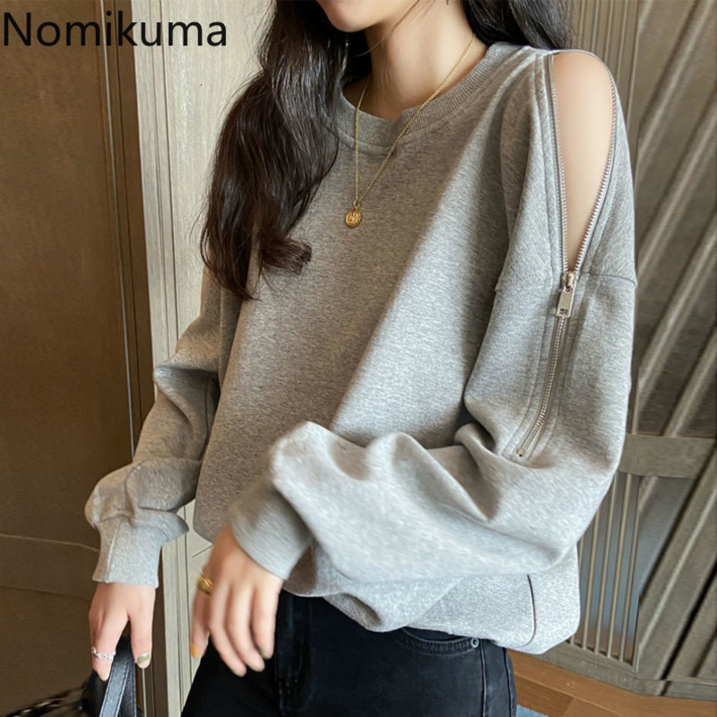 Nomikuma Women Sweatshirt Korean Zipper Sexy Strapless Long Sleeve Jumper New Causal O-neck Pullover Hoodies Tops 6D370 210427