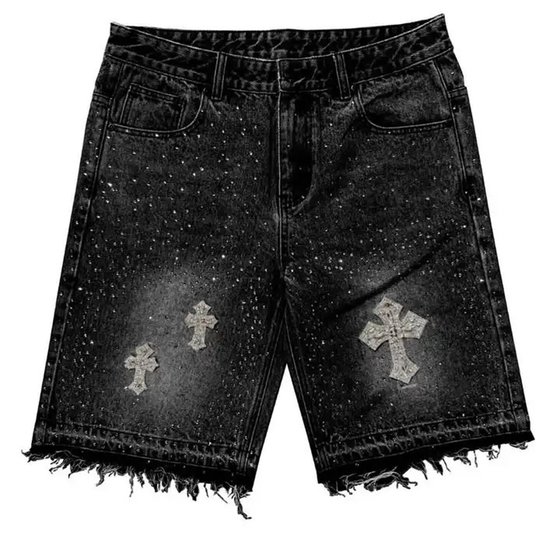 Vintage Cross Rhinestone Denim Shorts Y2K Jeans Mens Womens Harajuku Hip Hop Retro Black Baggy Gym Shorts Low Waist Shorts 250326