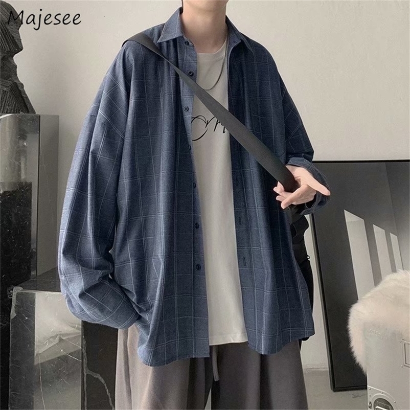 Men's Casual Shirts Oversize Plaid Long Sleeve Shirts Men Preppy Trendy All-match Causal Retro Chic Outerwear Male Classic Basic Daily Korean C