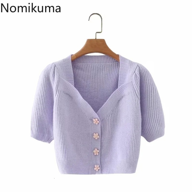 Nomikuma Puff Short Sleeve Square Collar Knit Cardigan Crop Top Knitwear Spring Single Breasted Korean Knitted Coat 6G413 210427