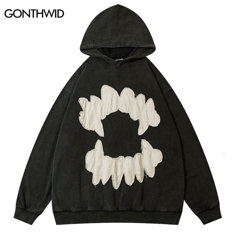 Men's Hoodies Sweatshirts Vintage Mens Hoodie Sweatshirt Y2K Grunge Hip Hop Ripped Embroidery Teeth Patch Hooded Streetwear Harajuku Punk Gothi