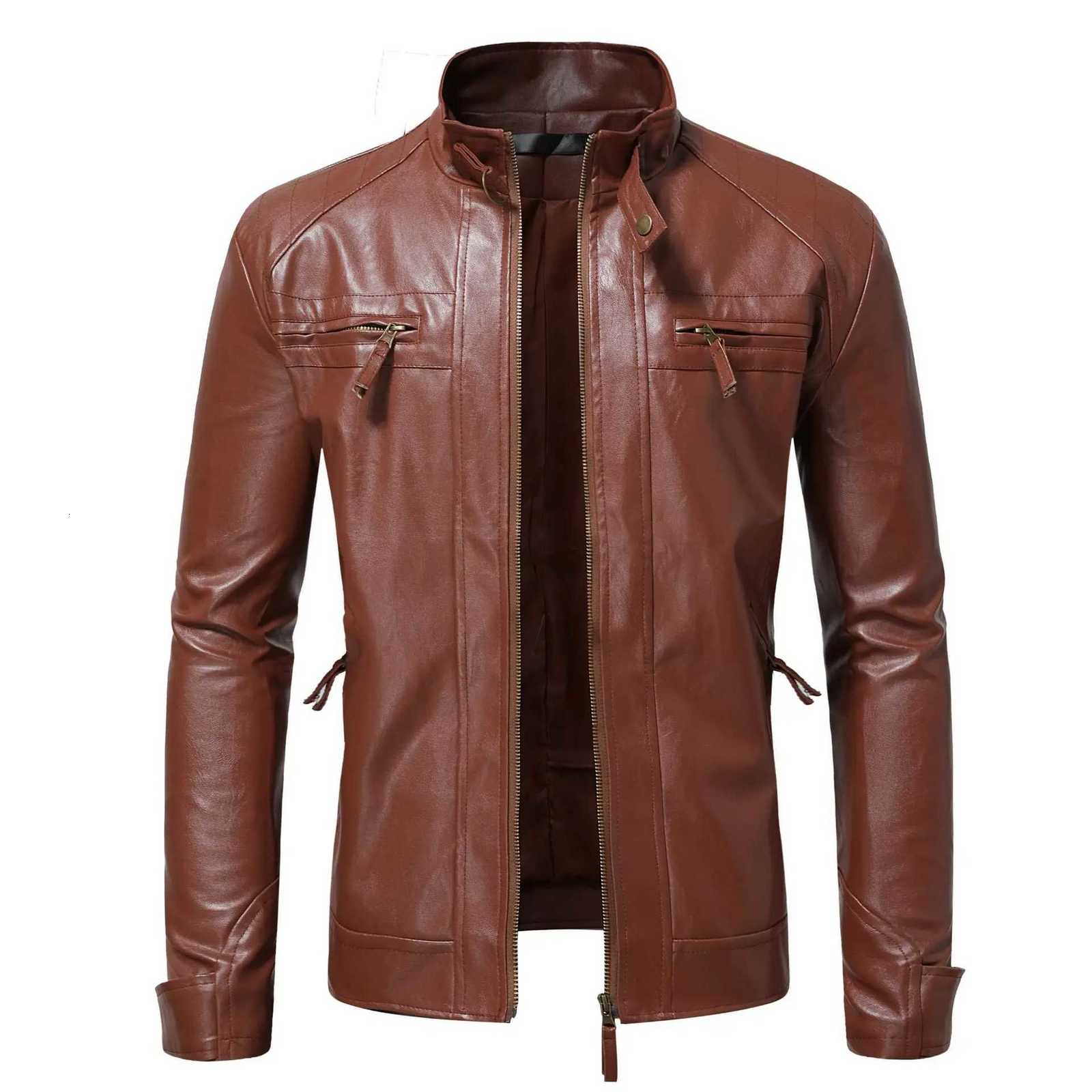 Mens Stand Collar Punk ZipUp Leather Coat Men Casual Flight Leather Jacket Spring Mens Clothing Motorcycle Leather Jacket X250925