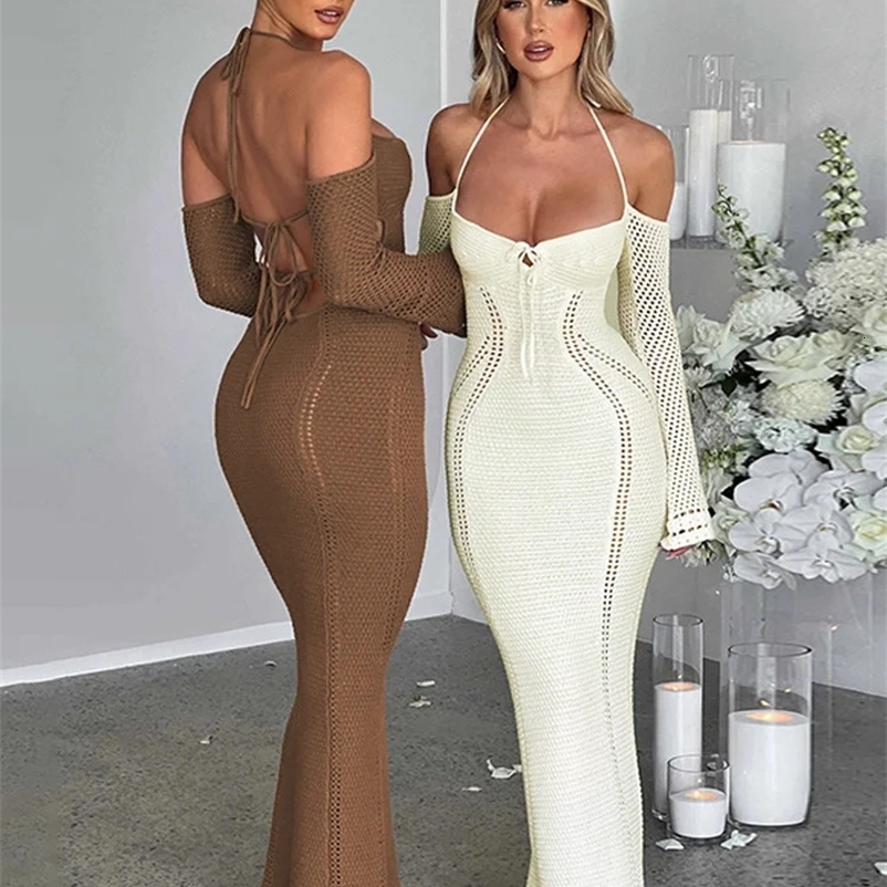 Dulzura Knitted Halter Sexy Y2K Clothes Backless Bodycon Maxi Dresses For Women Club Party Elegant Hook Flower Hollow 240530