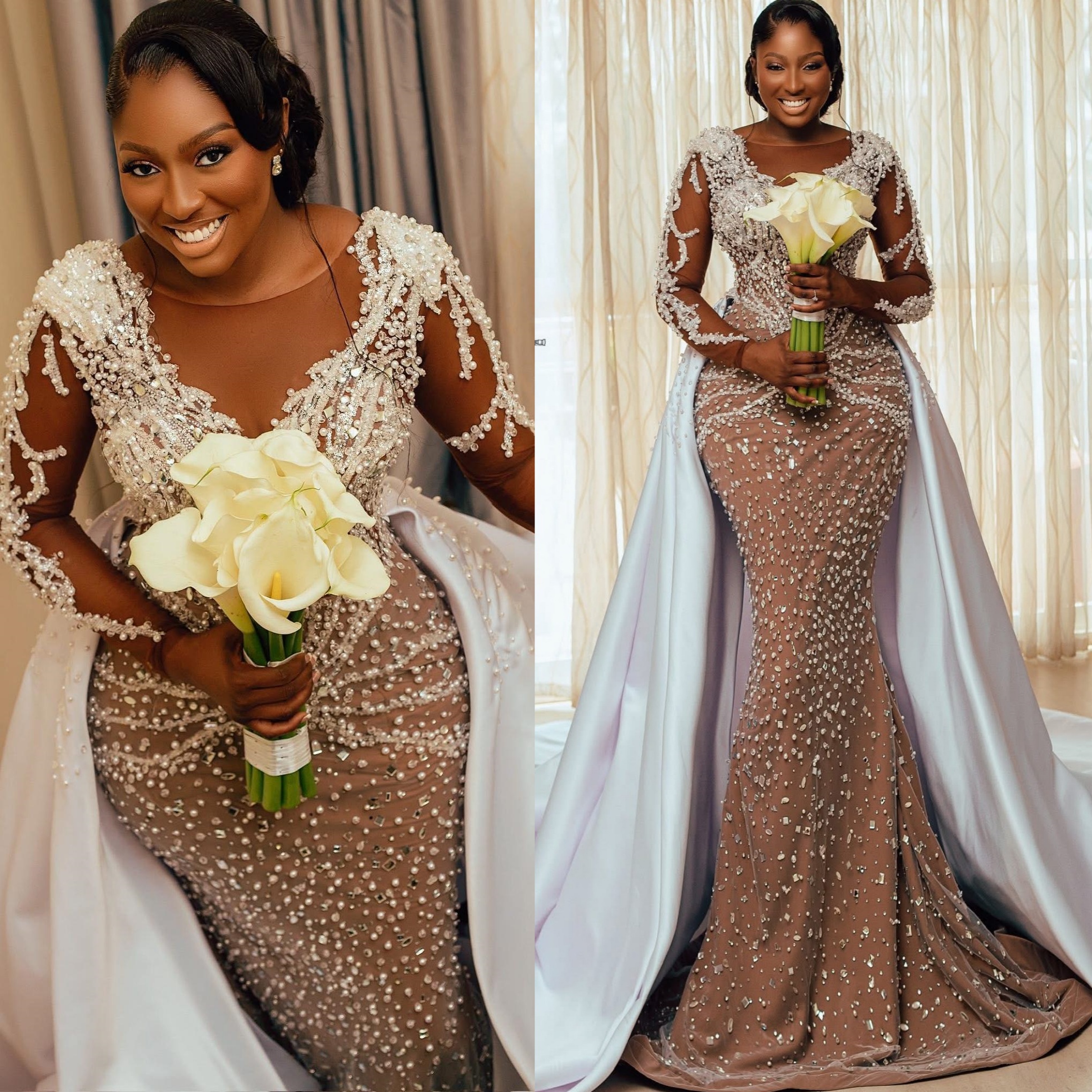 2025 Aso Ebi Plus Size Ivory Mermaid Wedding Dress Lace Pearls Crystals Beaded Illusion Detachable Train Elegant Bridal Gowns Dresses ZJ0469