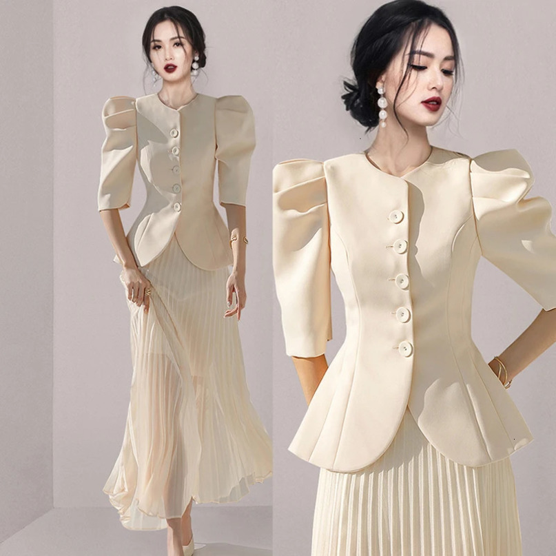 Summer Office Womens Skirt Set Ladies Slim Puff Sleeve Blazer Jacket Pleated Two Piece Korean Clothing Outfit 240704