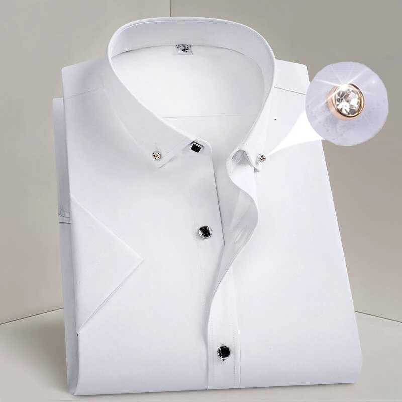 Hot Sale Mens Dress Shirt Formal Thin Business Classic Basic Diamond Button Social White Shirt Short Sleeve Men Clothing X250925