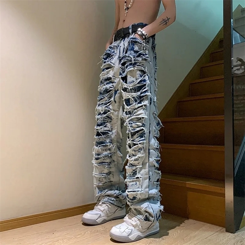 American high street erosion destroys raw edge Y2K retro jeans mens trendy straight tube slim flared pants foreign trade 240429