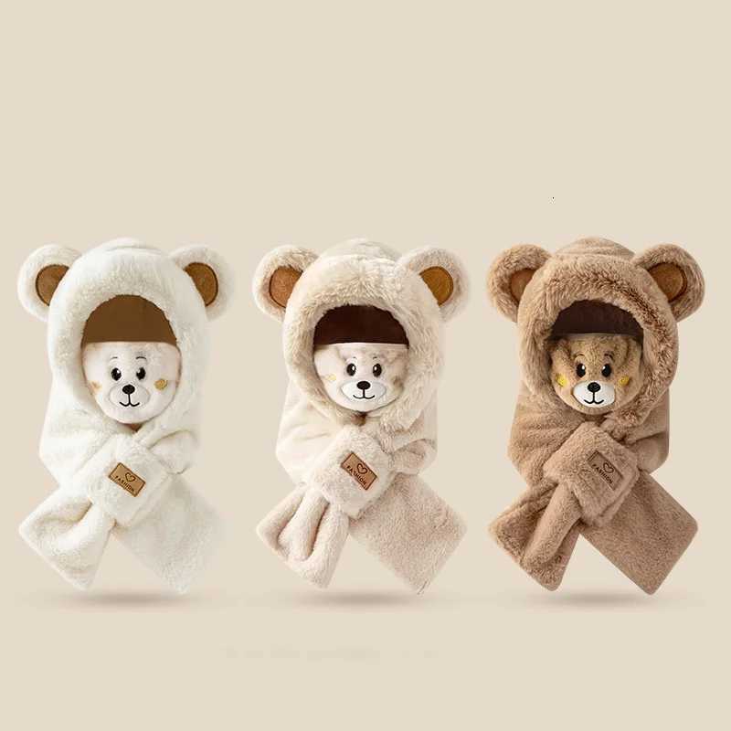 Winter Korean Style Plover Warm Cotton Fleece Ear Protection Onepiece Cap Cute Bear Cap Scarf with mask Threepiece Set X250925