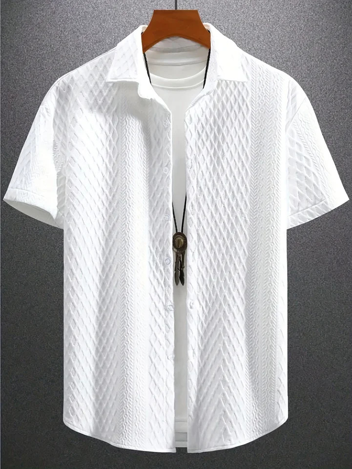Summer casual shortsleeved mens shirt Casual Street wear jacquard lapel button down solid color vintage S2XL 250731Y