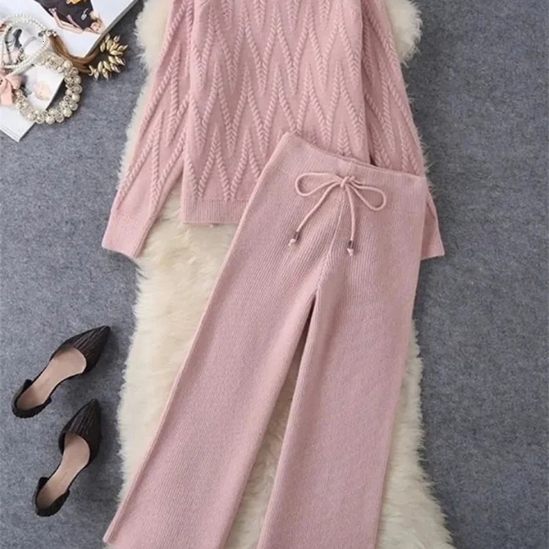 Winter Fall Knit 2 Piece Sets Half High Collar Warm Sweater Outfit Wide Leg Loose Pant Suits Solid Color Soft Korean Tracksuit 240517