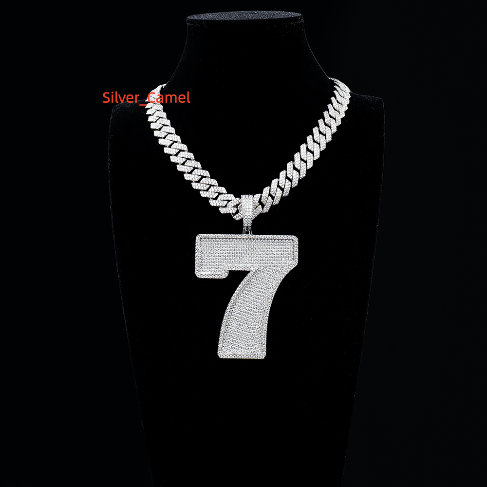 Custom Full Pave Iced Out Moissanite 925Silver White Gold Plated Big Number 7 Pendant Heavy Cuban Chain Necklace for Trendsetter