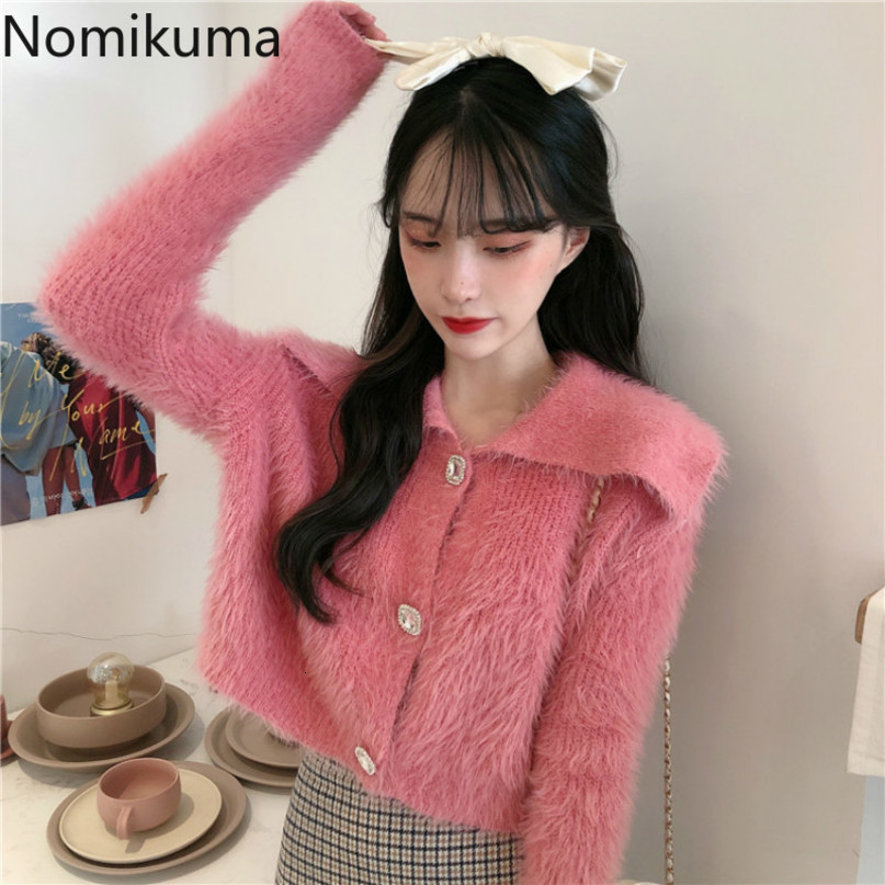 Nomikuma Korean Solid Short Mohair Sweater Coat Turn-down Collar Long Sleeve Knitted Cardigan Autumn Knitwear Jakcet 6C245 210427