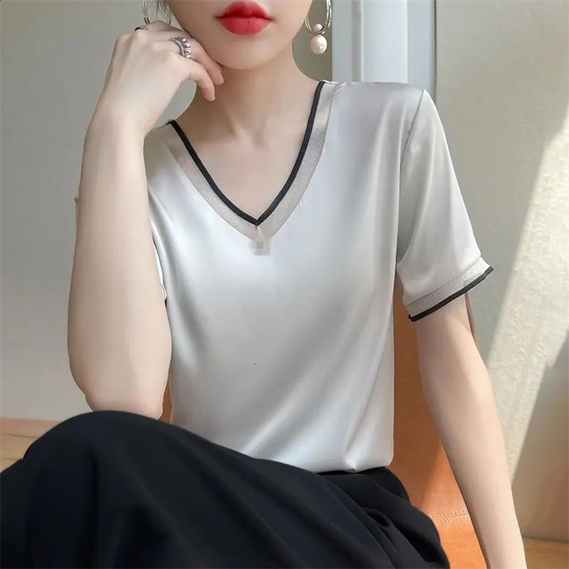 Summer Fashion Silk Temperament VNeck AllMatch ShortSleeved Pullover Top Large Size Women Style Blouses Shirts 240830Z