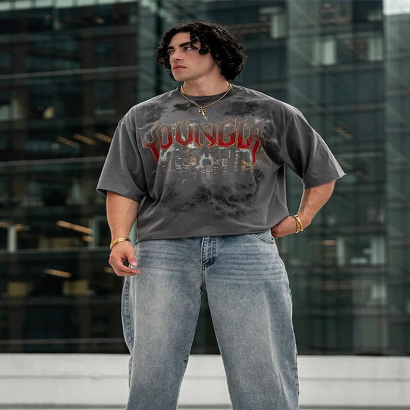 Mens Gym Printed Tshirt Gradient Letter Training Jogging Shirt Top Retro Y2k Cotton Street 240821