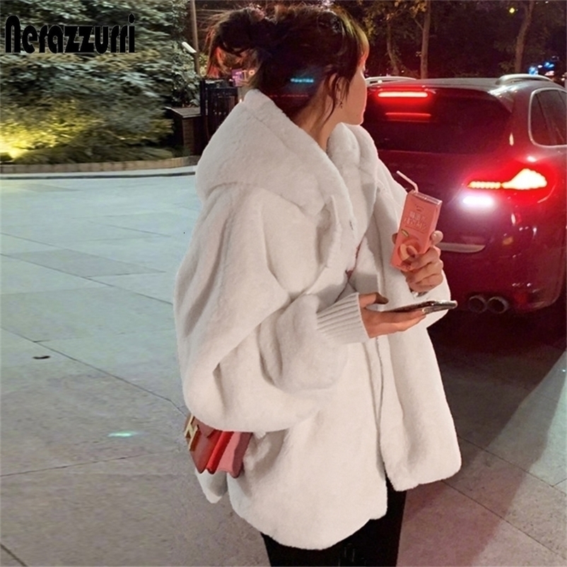 Women's Fur Faux Nerazzurri Winter white oversized faux fur jacket women with hood raglan sleeve zipper Korean fashion clothing for womens 2209