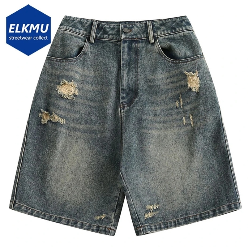 Vintage Blue Denim Shorts Men Summer Loose Casual Jeans Shorts Distressed Ripped Shorts Man Harajuku Hip Hop Streetwear Shorts 240409