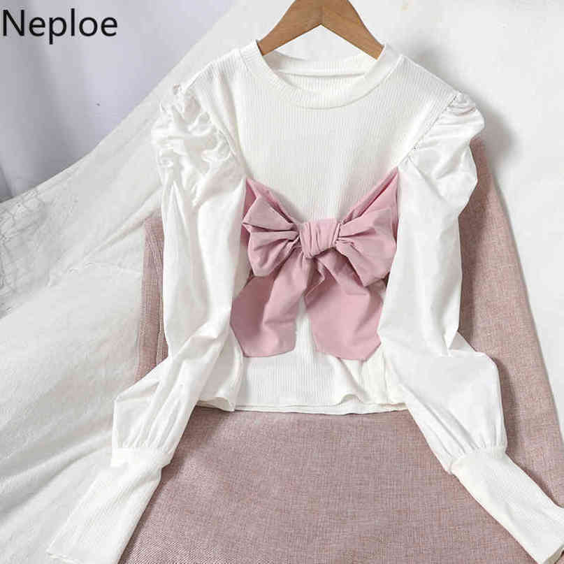 Neploe Shirts for Women Patchwork Chic Bow Korean Fashion Tees Female O-neck Puff Sleeve Slim Sweet White Tshirt Tops 4H187 210422