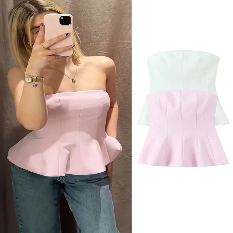TFMLN Womens Fashion Strapless Top Womens Casual Sexy Slim Fit Side Zipper Solid Short Top Summer 2 Colors 250314