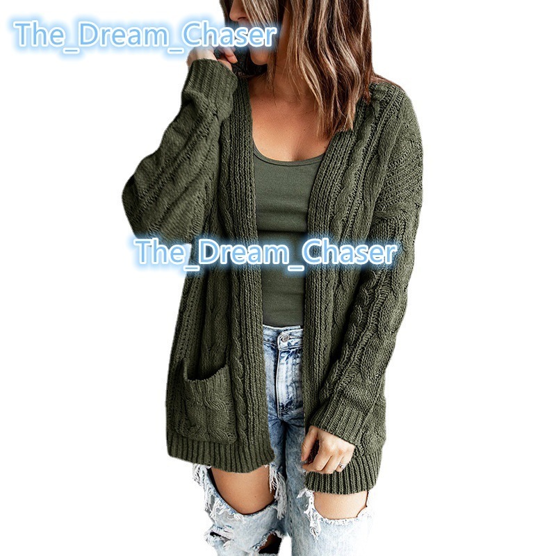 Autumn New Arrival Solid Color Cable Long Womens Knitted Cardigan Coat