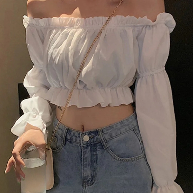 Womens Top Sexy Blouse Off Shoulder Long Sleeve Solid Color White Shirt Puff Ruffle Tunic Crop Summer Tube y250226Z