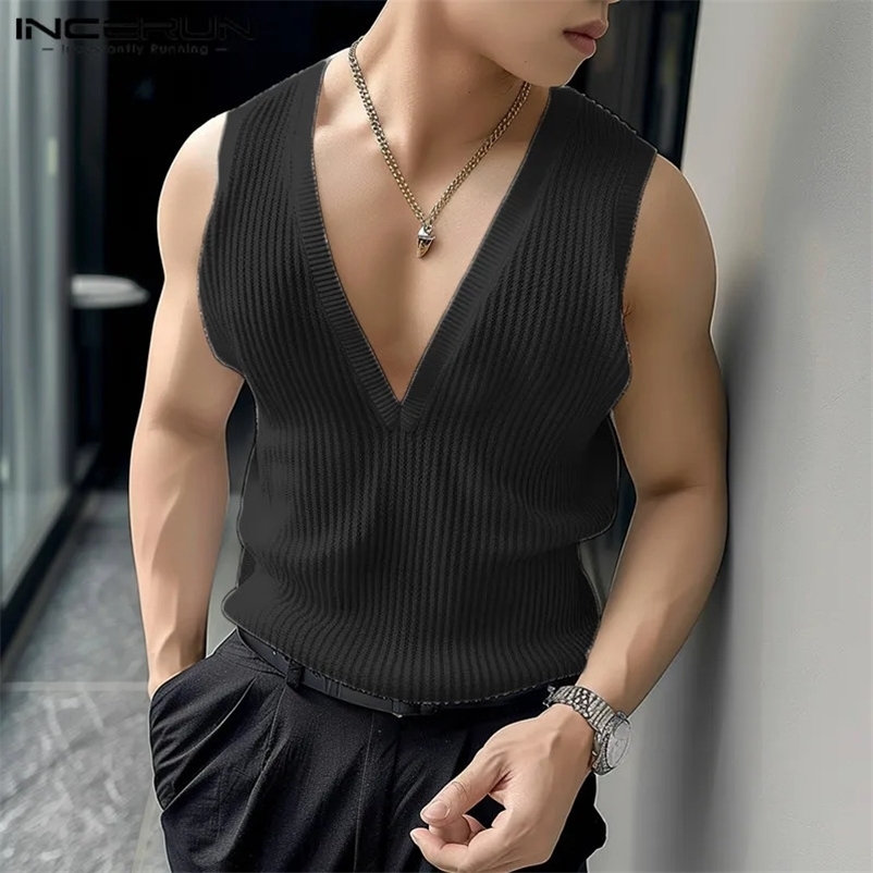 INCERUN Tops Korean Style Men Deep V Vertical Stripe Knitted Hollow Tank Tops Casual Streetwear Thin Sleeveless Vests S-5XL 240530
