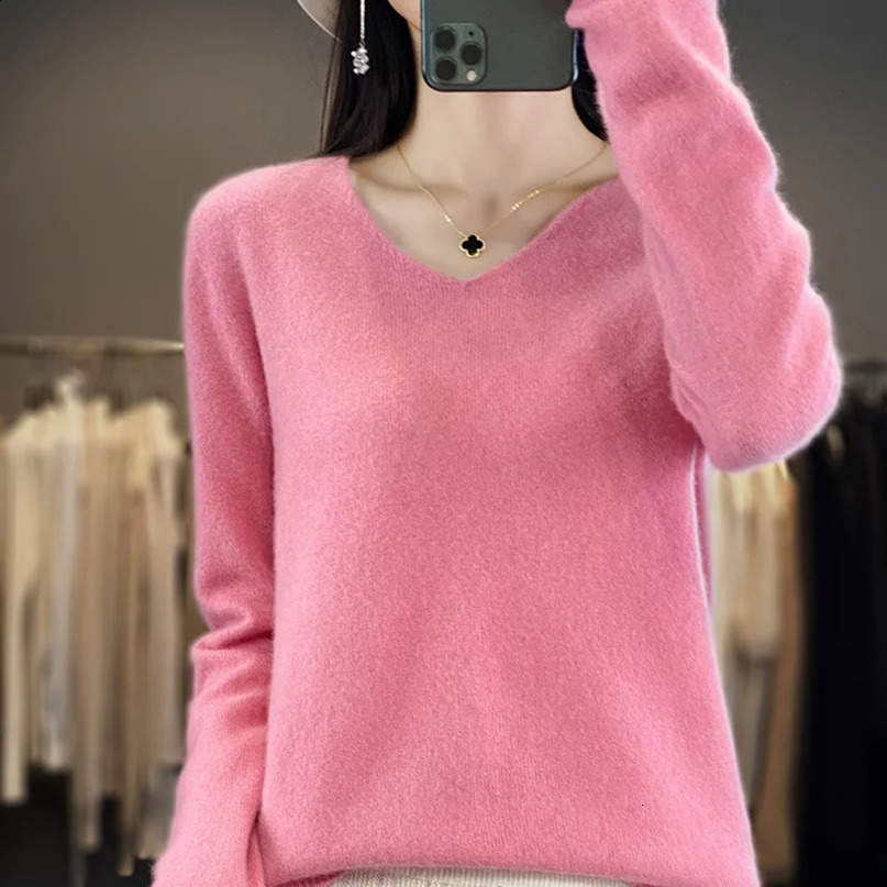 Women 100% Merino Wool Sweater VNeck Basic Pullover Autumn Winter Cashmere Clothing Long Sleeve Soft Knitwear Tops Solid Color 241216