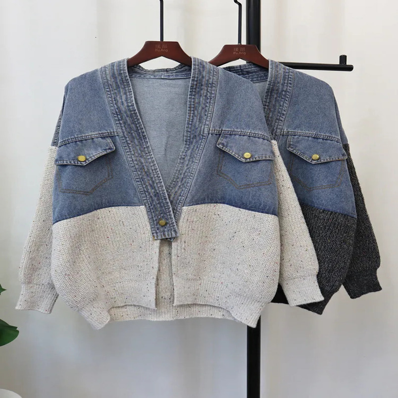 Cow patchwork cardigan jacket for autumn and winter Korean casual V-neck loose pocket n knitted oversized sweater jacket 241031