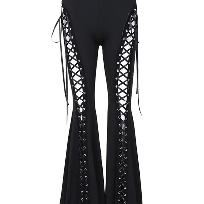 Gothic Eyelet Black Hollowed Out Flare Pants Fastion Streetwear Harajuku Aesthetic See Through Vintage Women Summer Trousers 90s 250211