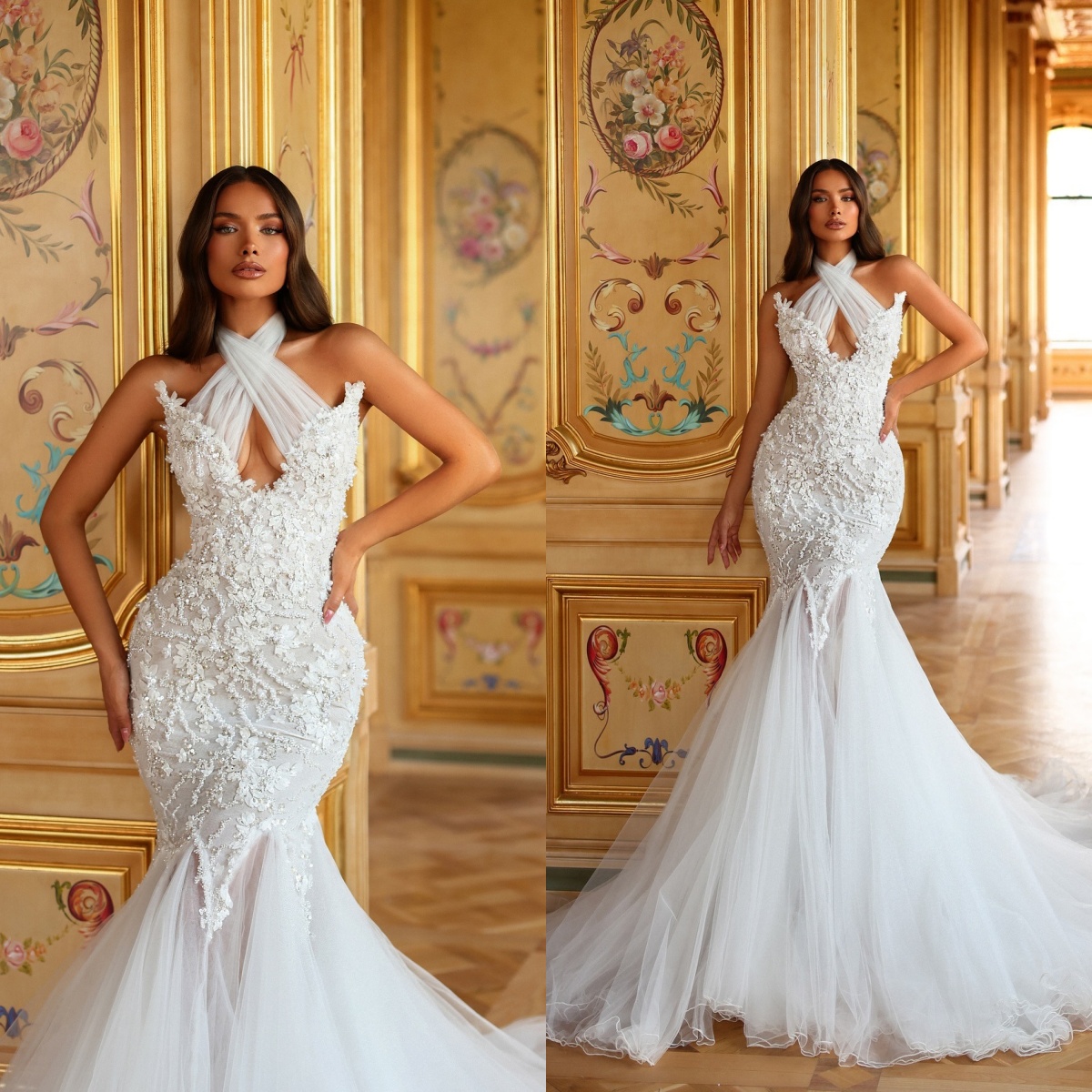 Fancy Halter Wedding Dresses Appliques Bridal Gowns Pearls 3D Flowers Beads Sleeveless Mermaid Customized Sweep Train Vestidos De Novia Plus Size