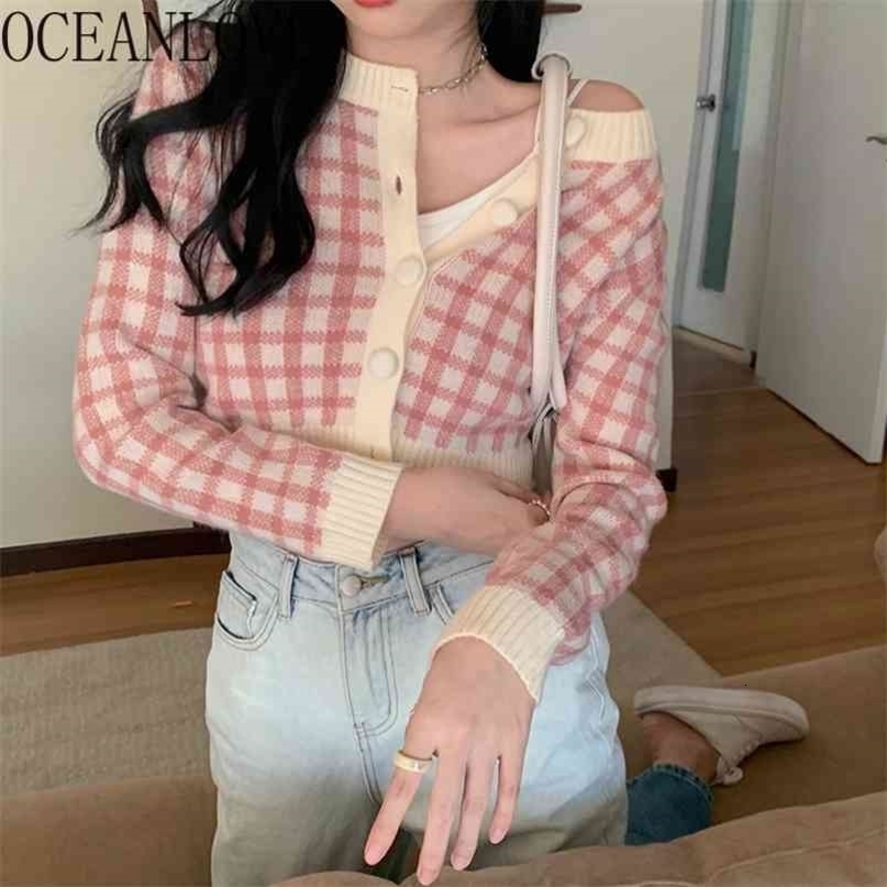 OCEANLOVE Plaid Sweaters Women Short Slim Korean Ins Fashion Autumn Winter Cardigans Sweet Chaqueta Mujer 18825 210917